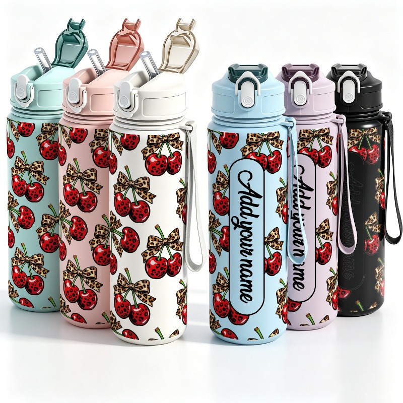 Sports Water Bottle Insulated - Personalized 25oz Large Cherry Leakproof Plastic
